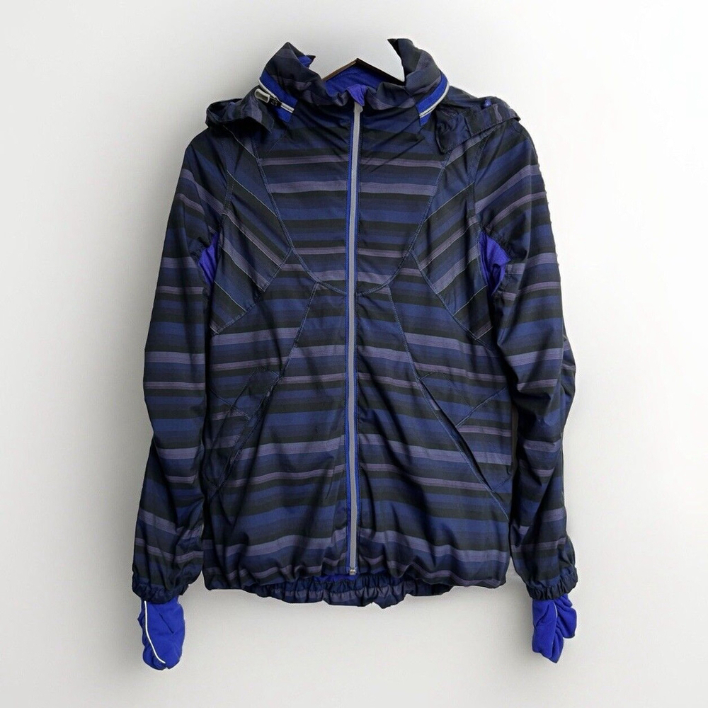 Lululemon Women's 4 Blue Black Striped Zip Front Run Hustle Jacket Packable Hood